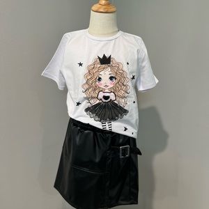 Girls White T Shirt Round Neck With Princess Curly Hair Design